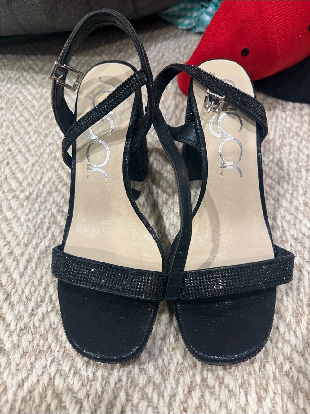 Aldo Black Crystal-Strap Block Heel Sandals